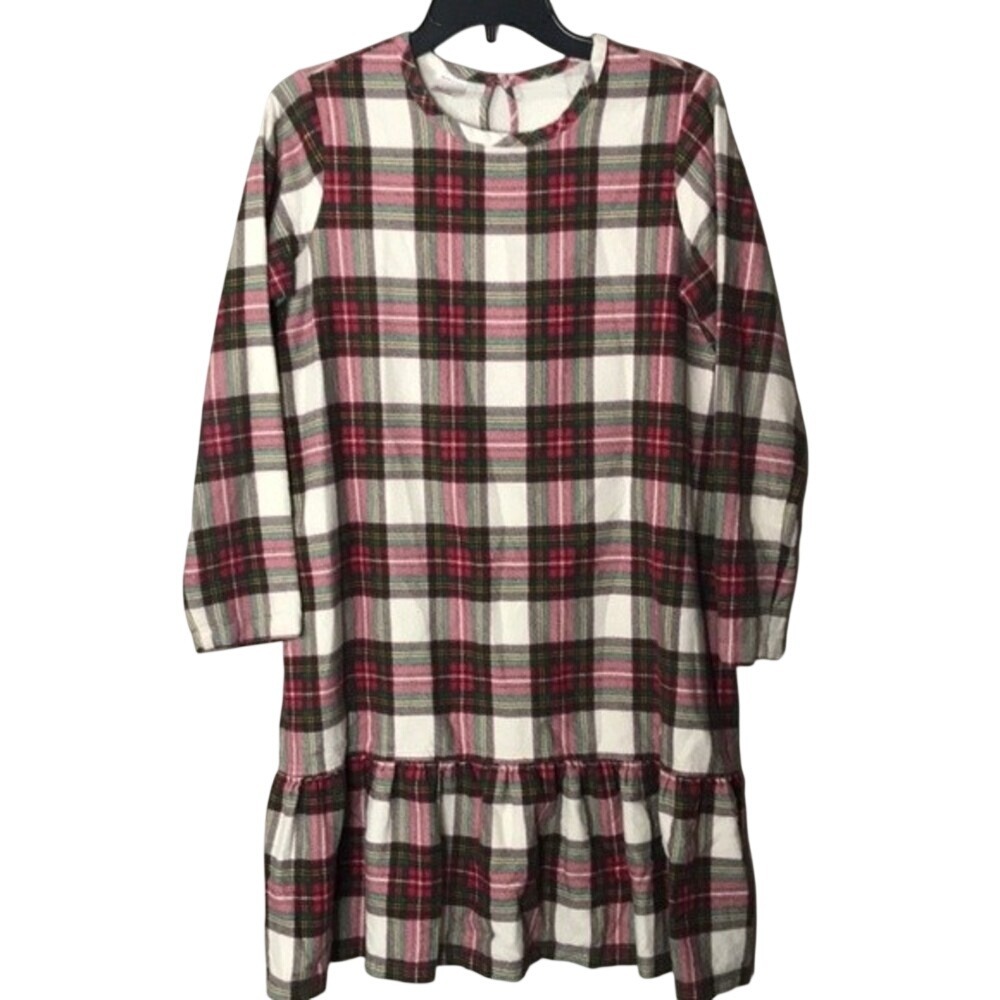 Hanna Andersson  Women Plaid Flannel Ruffle Hem Dress Red Green 14-16